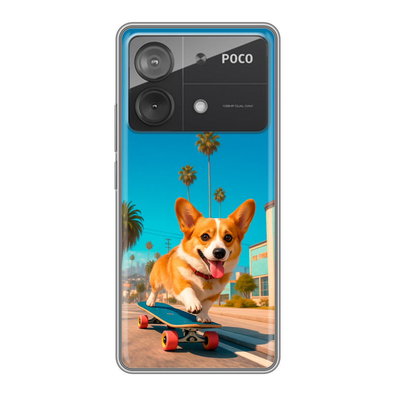 Силиконовый чехол на Xiaomi Poco X6 Neo с принтом Корги на скейте Силиконовый чехол на Xiaomi Poco X6 Neo с принтом Корги на скейте