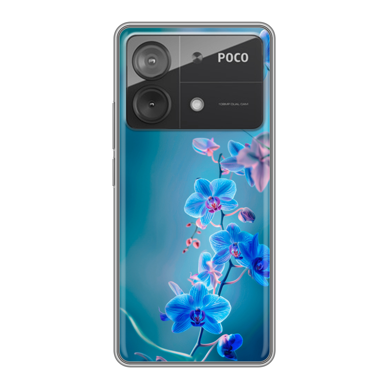 Силиконовый чехол на Xiaomi Poco X6 Neo с принтом Голубые цветы Силиконовый чехол на Xiaomi Poco X6 Neo с принтом Голубые цветы