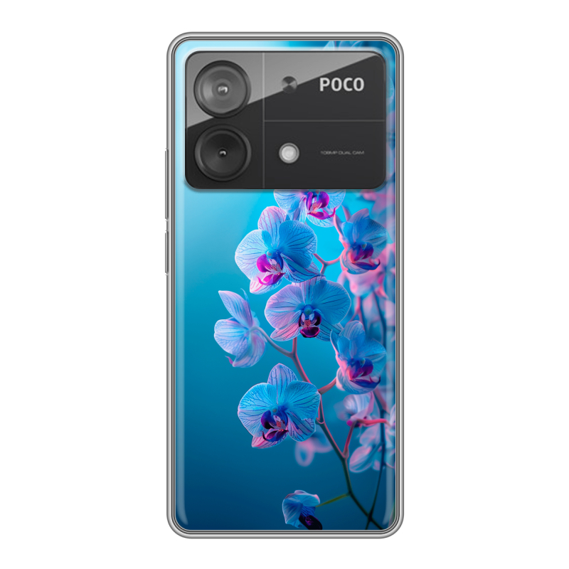 Силиконовый чехол на Xiaomi Poco X6 Neo с принтом голубые орхидеи Силиконовый чехол на Xiaomi Poco X6 Neo с принтом голубые орхидеи