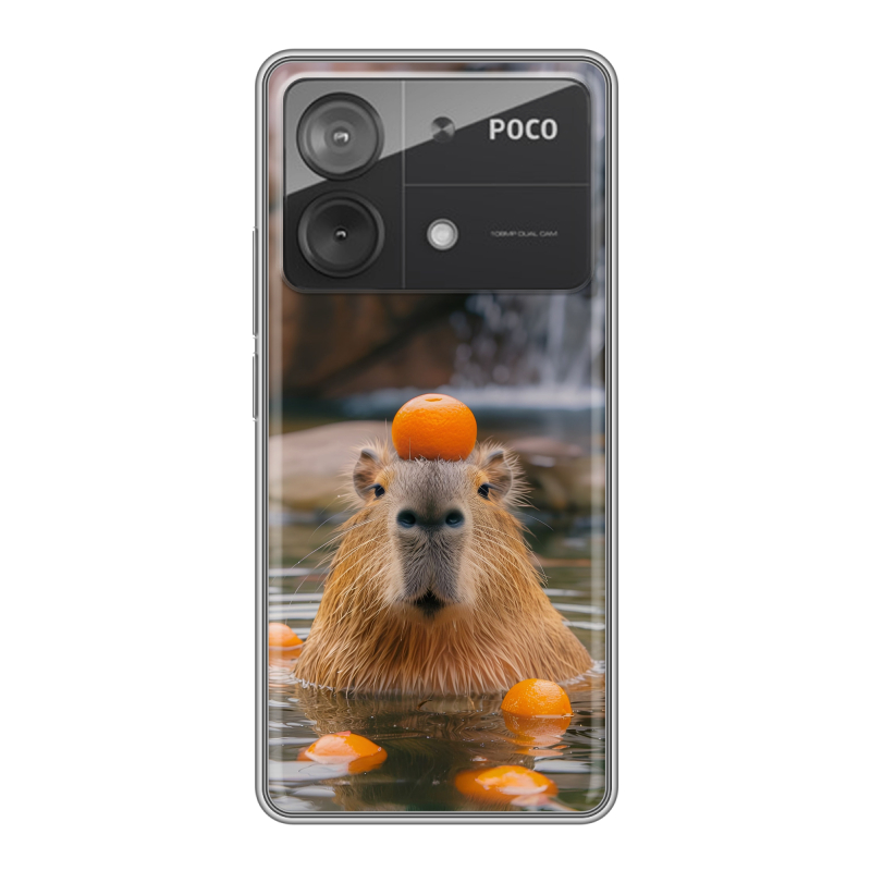 Силиконовый чехол на Xiaomi Poco X6 Neo с принтом Капибара с апельсином Силиконовый чехол на Xiaomi Poco X6 Neo с принтом Капибара с апельсином