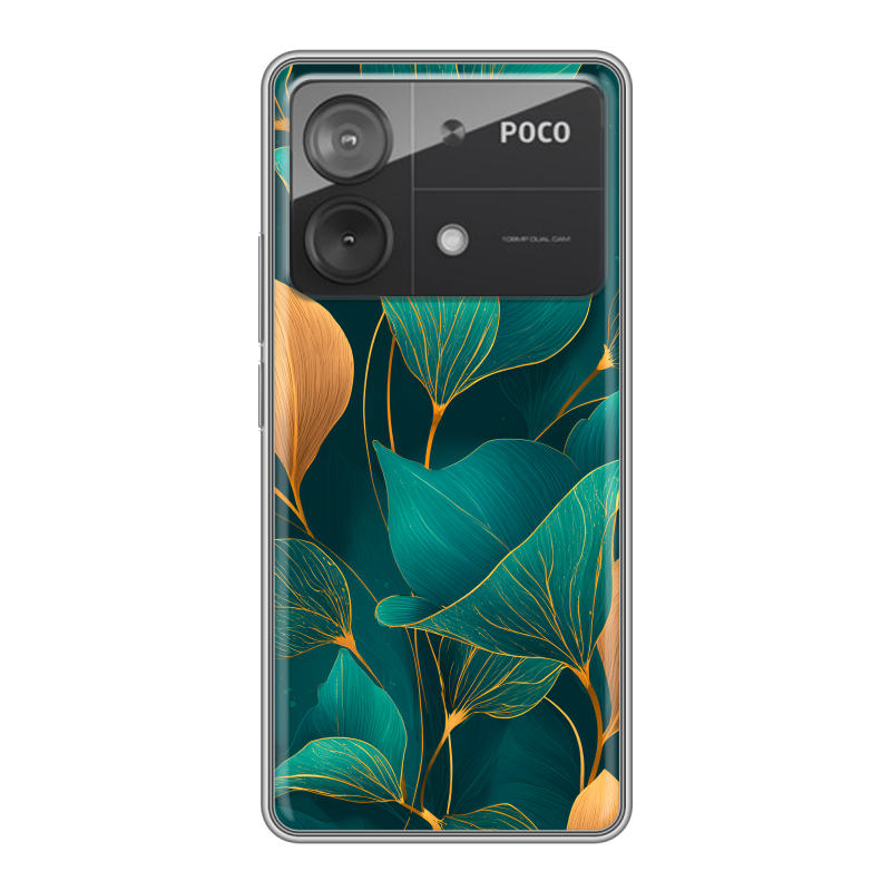 Силиконовый чехол на Xiaomi Poco X6 Neo с принтом Листья и золото Силиконовый чехол на Xiaomi Poco X6 Neo с принтом Листья и золото