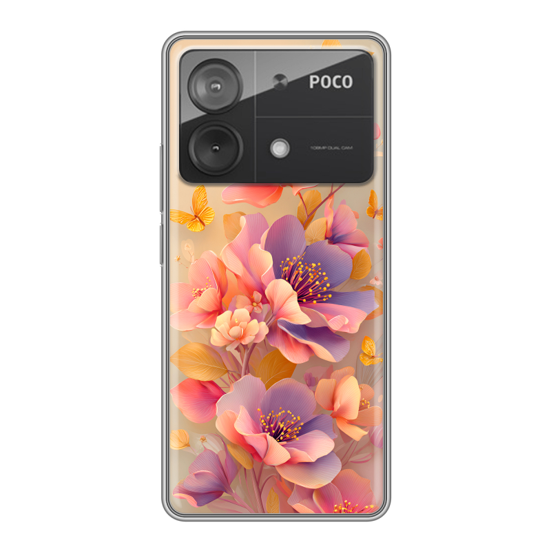 Силиконовый чехол на Xiaomi Poco X6 Neo с принтом Цветы и бабочки Силиконовый чехол на Xiaomi Poco X6 Neo с принтом Цветы и бабочки