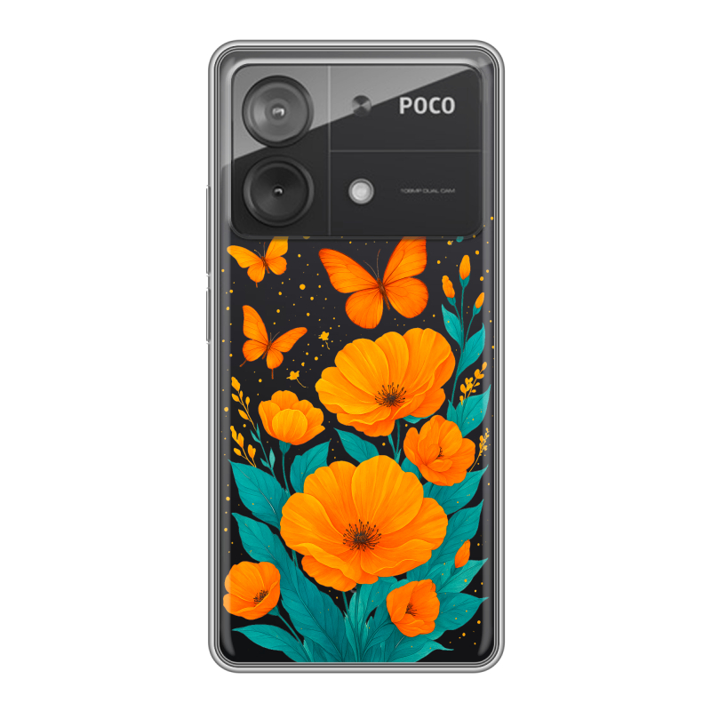 Силиконовый чехол на Xiaomi Poco X6 Neo с принтом цветы бабочки Силиконовый чехол на Xiaomi Poco X6 Neo с принтом цветы бабочки