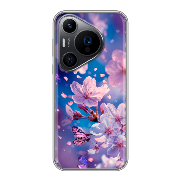 Силиконовый чехол на Huawei P70 Pro с принтом цветы бабочки Силиконовый чехол на Huawei P70 Pro с принтом цветы бабочки
