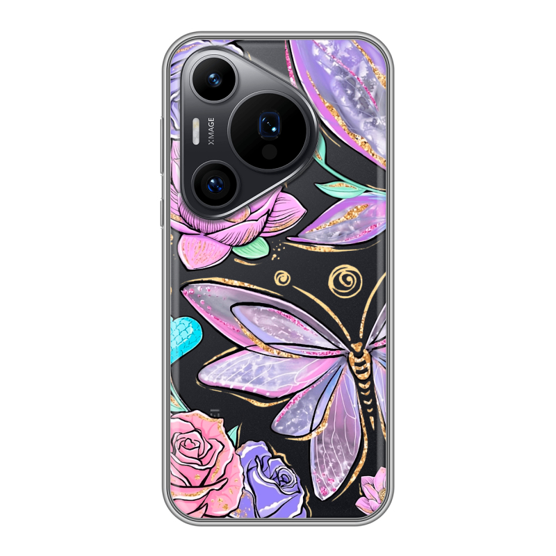 Силиконовый чехол на Huawei P70 Pro с принтом Бабочки и цветы Силиконовый чехол на Huawei P70 Pro с принтом Бабочки и цветы