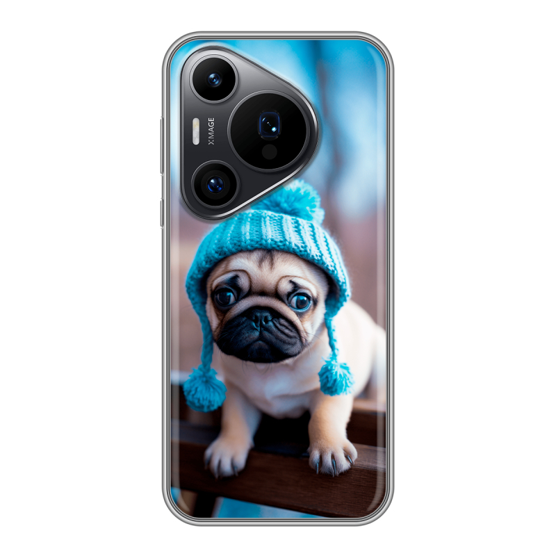 Силиконовый чехол на Huawei P70 Pro с принтом Мопс в шапке Силиконовый чехол на Huawei P70 Pro с принтом Мопс в шапке