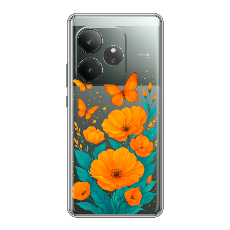 Силиконовый чехол на Realme GT Neo 6 SE с принтом цветы бабочки Силиконовый чехол на Realme GT Neo 6 SE с принтом цветы бабочки