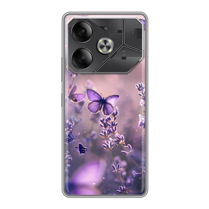 Силиконовый чехол на Tecno Pova 6 с принтом бабочки и лаванда Силиконовый чехол на Tecno Pova 6 с принтом бабочки и лаванда