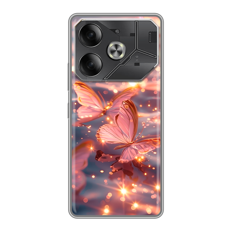 Силиконовый чехол на Tecno Pova 6 с принтом бабочки розовые Силиконовый чехол на Tecno Pova 6 с принтом бабочки розовые