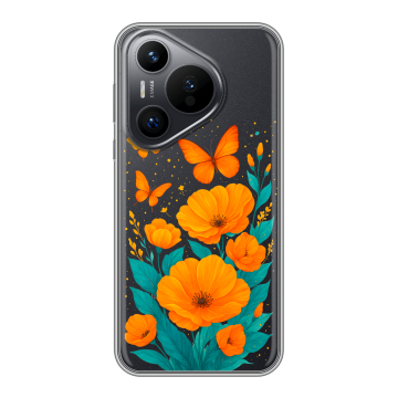 Силиконовый чехол на Huawei Pura 70 с принтом цветы бабочки