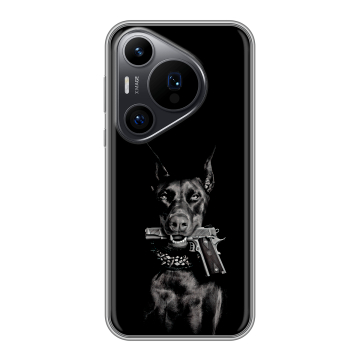 Силиконовый чехол на Huawei Pura 70 Pro с принтом Доберман и пистолет