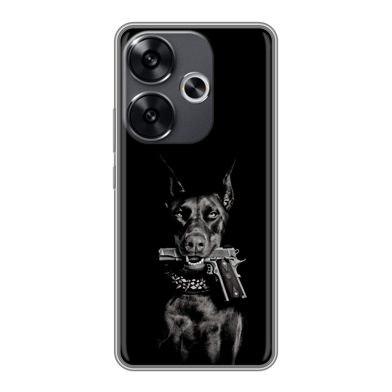 Силиконовый чехол на Xiaomi Redmi Turbo 3 с принтом Доберман и пистолет Силиконовый чехол на Xiaomi Redmi Turbo 3 с принтом Доберман и пистолет