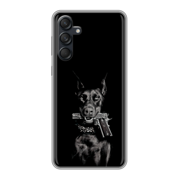 Силиконовый чехол на Samsung Galaxy M55 с принтом Доберман и пистолет Силиконовый чехол на Samsung Galaxy M55 с принтом Доберман и пистолет