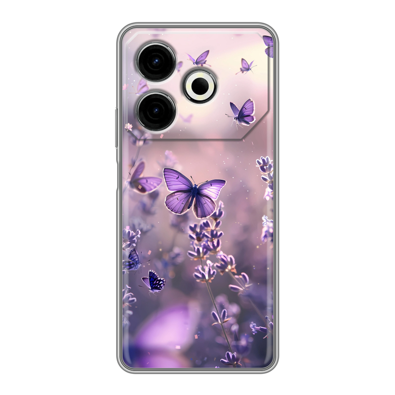 Силиконовый чехол на Tecno Pova 6 Neo с принтом бабочки и лаванда Силиконовый чехол на Tecno Pova 6 Neo с принтом бабочки и лаванда
