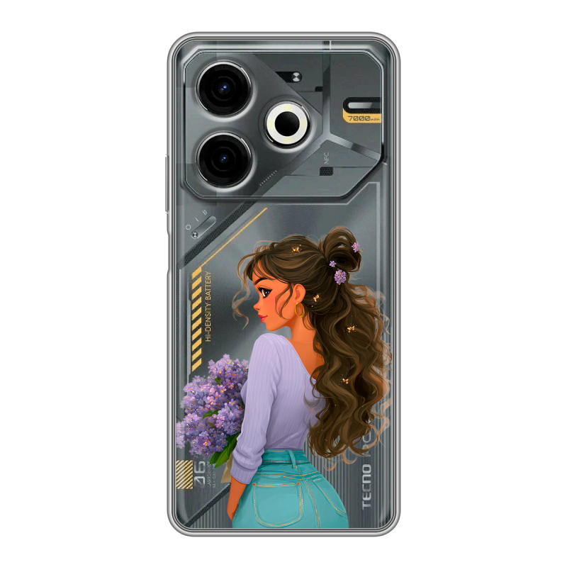 Силиконовый чехол на Tecno Pova 6 Neo с принтом девушка цветы Силиконовый чехол на Tecno Pova 6 Neo с принтом девушка цветы