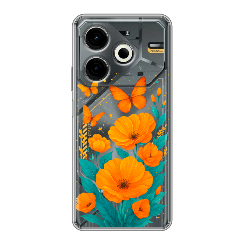 Силиконовый чехол на Tecno Pova 6 Neo с принтом цветы бабочки Силиконовый чехол на Tecno Pova 6 Neo с принтом цветы бабочки