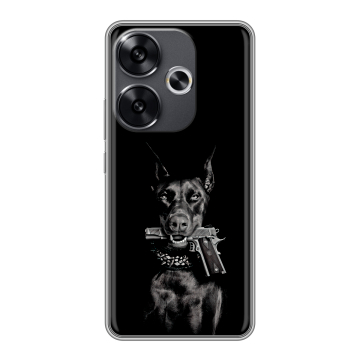 Силиконовый чехол на Xiaomi Poco F6 с принтом Доберман и пистолет Силиконовый чехол на Xiaomi Poco F6 с принтом Доберман и пистолет