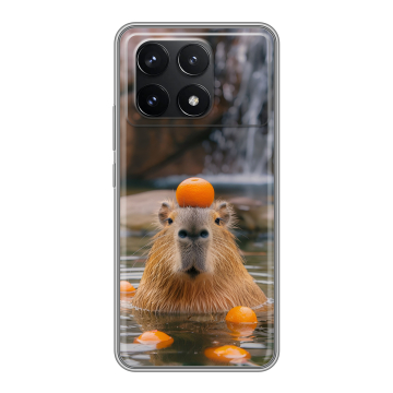 Силиконовый чехол на Xiaomi Poco F6 Pro с принтом Капибара с апельсином Силиконовый чехол на Xiaomi Poco F6 Pro с принтом Капибара с апельсином