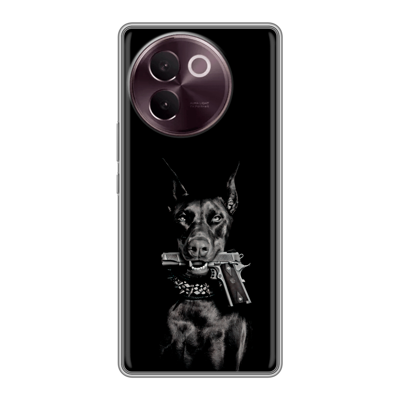 Силиконовый чехол на Vivo V30e с принтом Доберман и пистолет Силиконовый чехол на Vivo V30e с принтом Доберман и пистолет