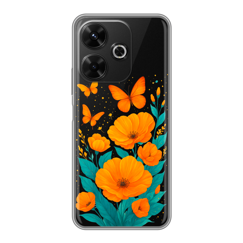 Силиконовый чехол на RedMi 13 4G с принтом цветы бабочки Силиконовый чехол на RedMi 13 4G с принтом цветы бабочки
