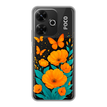 Силиконовый чехол на Poco M6 4G с принтом цветы бабочки Силиконовый чехол на Poco M6 4G с принтом цветы бабочки