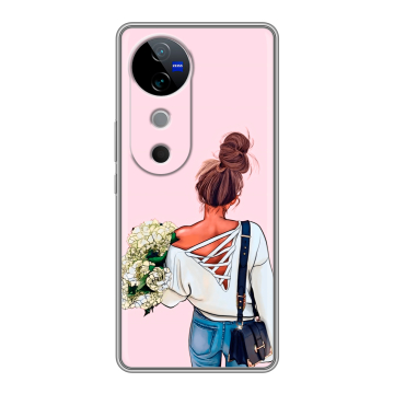 Силиконовый чехол на Vivo V40 5G с принтом Девушка и букет