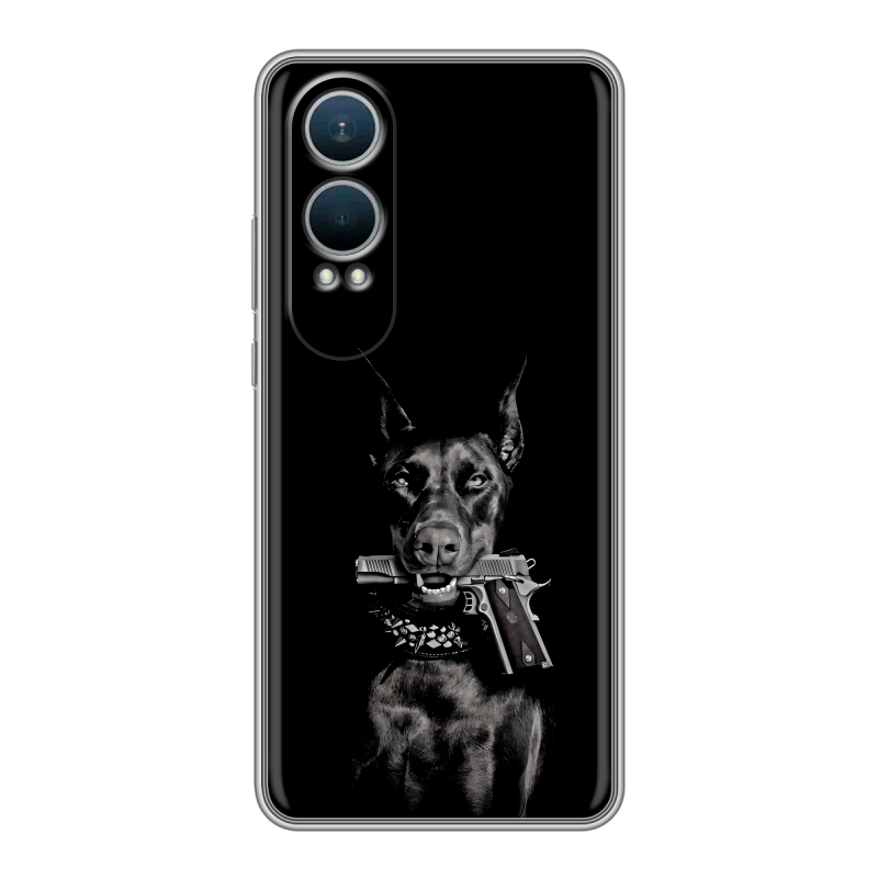Силиконовый чехол на OnePlus Nord CE4 Lite с принтом Доберман и пистолет Силиконовый чехол на OnePlus Nord CE4 Lite с принтом Доберман и пистолет