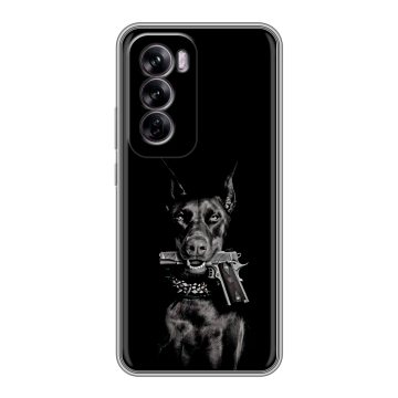 Силиконовый чехол на OPPO Reno 12 с принтом Доберман и пистолет Силиконовый чехол на OPPO Reno 12 с принтом Доберман и пистолет