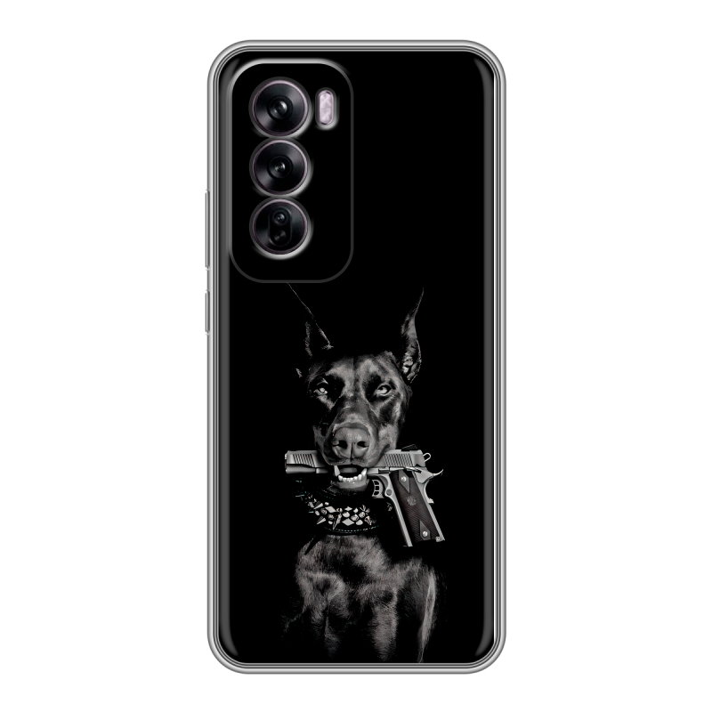Силиконовый чехол на OPPO Reno 12 с принтом Доберман и пистолет Силиконовый чехол на OPPO Reno 12 с принтом Доберман и пистолет