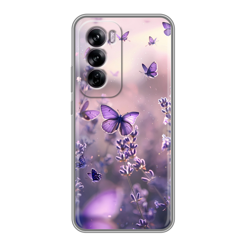 Силиконовый чехол на OPPO Reno 12 с принтом бабочки и лаванда Силиконовый чехол на OPPO Reno 12 с принтом бабочки и лаванда