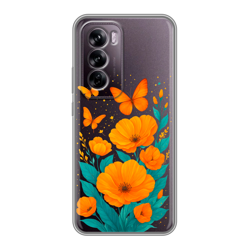 Силиконовый чехол на OPPO Reno 12 с принтом цветы бабочки Силиконовый чехол на OPPO Reno 12 с принтом цветы бабочки