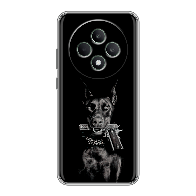 Силиконовый чехол на OPPO Reno12 F с принтом Доберман и пистолет Силиконовый чехол на OPPO Reno12 F с принтом Доберман и пистолет