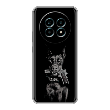 Силиконовый чехол на Realme 13 Pro Plus с принтом Доберман и пистолет Силиконовый чехол на Realme 13 Pro Plus с принтом Доберман и пистолет
