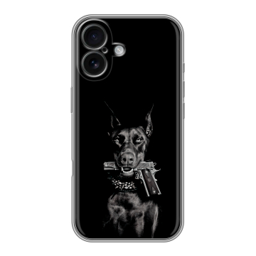 Силиконовый чехол на Iphone 16 с принтом Доберман и пистолет Силиконовый чехол на Iphone 16 с принтом Доберман и пистолет
