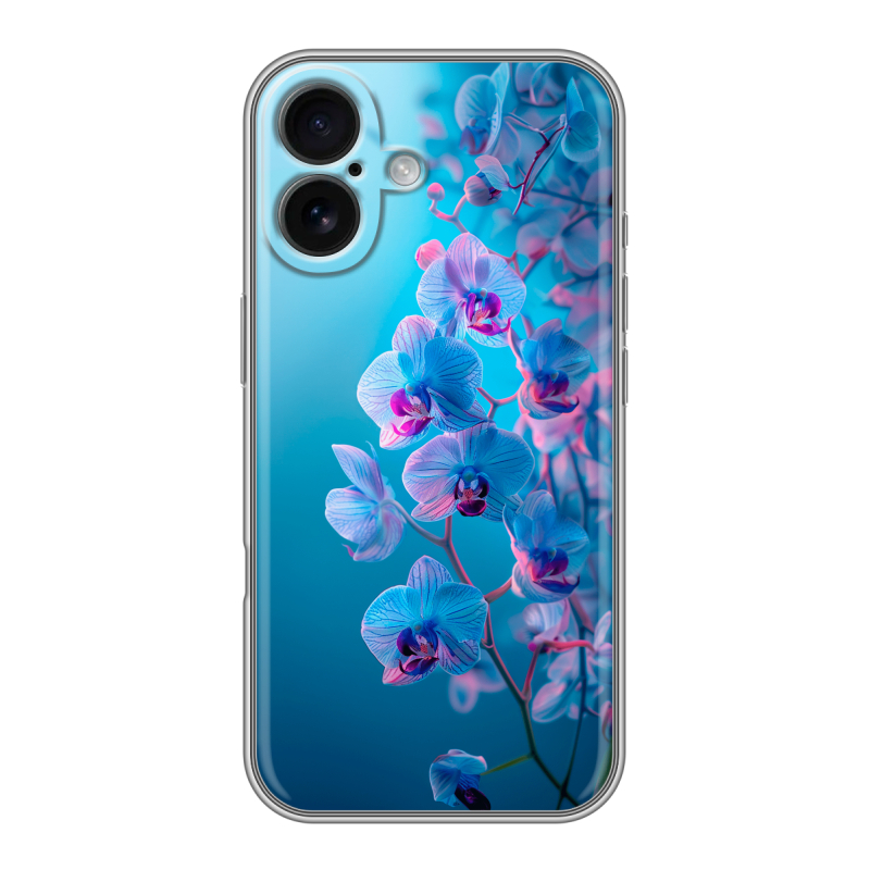 Силиконовый чехол на Iphone 16 с принтом голубые орхидеи Силиконовый чехол на Iphone 16 с принтом голубые орхидеи