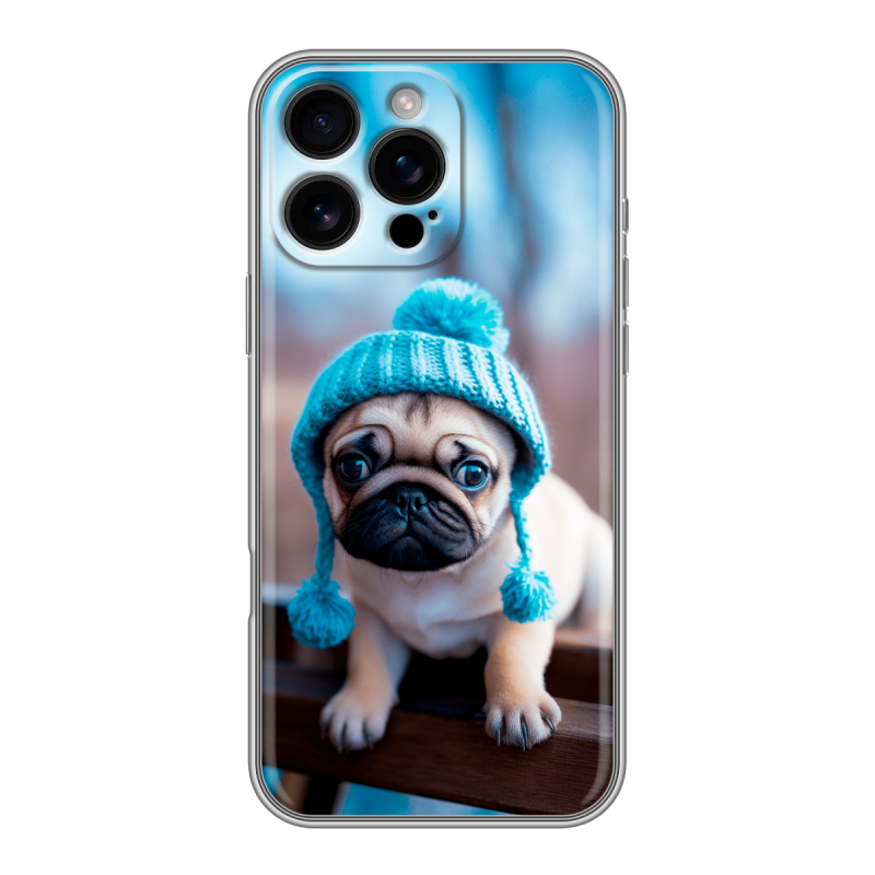 Силиконовый чехол на Iphone 16 Pro Max с принтом Мопс в шапке Силиконовый чехол на Iphone 16 Pro Max с принтом Мопс в шапке