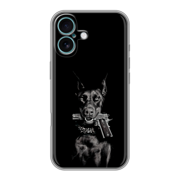 Силиконовый чехол на Iphone 16 Plus с принтом Доберман и пистолет