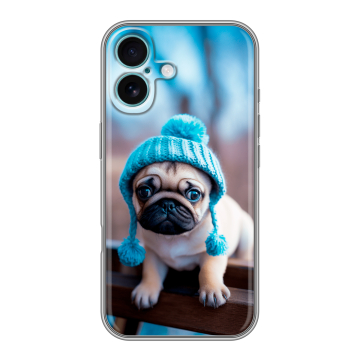 Силиконовый чехол на Iphone 16 Plus с принтом Мопс в шапке Силиконовый чехол на Iphone 16 Plus с принтом Мопс в шапке