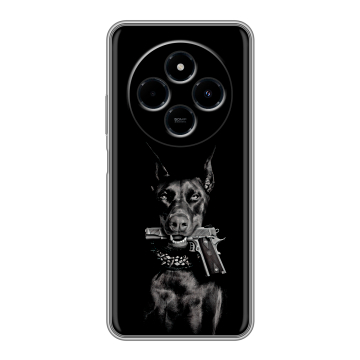 Силиконовый чехол на Xiaomi RedMi 14C с принтом Доберман и пистолет Силиконовый чехол на Xiaomi RedMi 14C с принтом Доберман и пистолет