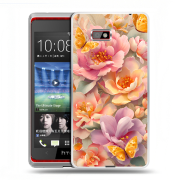 Силиконовый чехол на HTC Desire 600 с принтом Цветы и бабочки Силиконовый чехол на HTC Desire 600 с принтом Цветы и бабочки