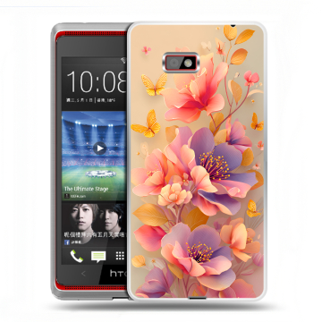 Силиконовый чехол на HTC Desire 600 с принтом Цветы и бабочки Силиконовый чехол на HTC Desire 600 с принтом Цветы и бабочки