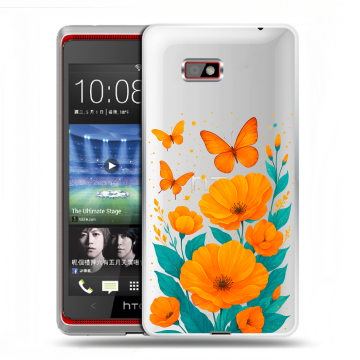 Силиконовый чехол на HTC Desire 600 с принтом цветы бабочки Силиконовый чехол на HTC Desire 600 с принтом цветы бабочки