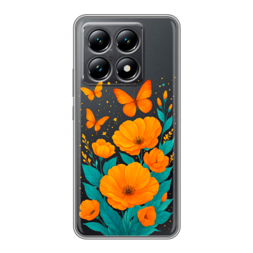 Силиконовый чехол на Xiaomi 14T с принтом цветы бабочки