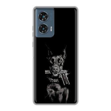 Силиконовый чехол на Motorola Edge 50 Fusion с принтом Доберман и пистолет Силиконовый чехол на Motorola Edge 50 Fusion с принтом Доберман и пистолет