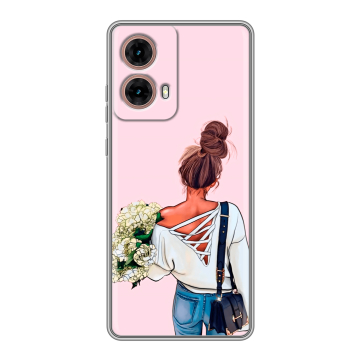 Силиконовый чехол на Motorola Moto G85 с принтом Девушка и букет