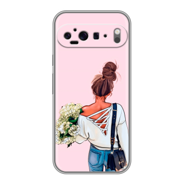 Силиконовый чехол на Google Pixel 9 Pro XL с принтом Девушка и букет