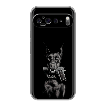 Силиконовый чехол на Google Pixel 9 Pro XL с принтом Доберман и пистолет