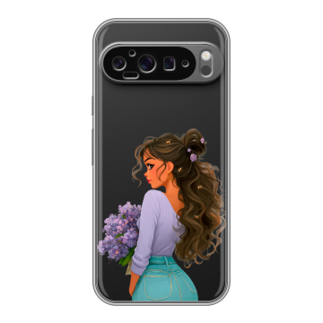 Силиконовый чехол на Google Pixel 9 Pro XL с принтом девушка цветы