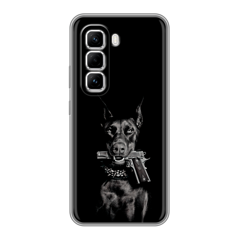Силиконовый чехол на Infinix Hot 50 Pro с принтом Доберман и пистолет Силиконовый чехол на Infinix Hot 50 Pro с принтом Доберман и пистолет