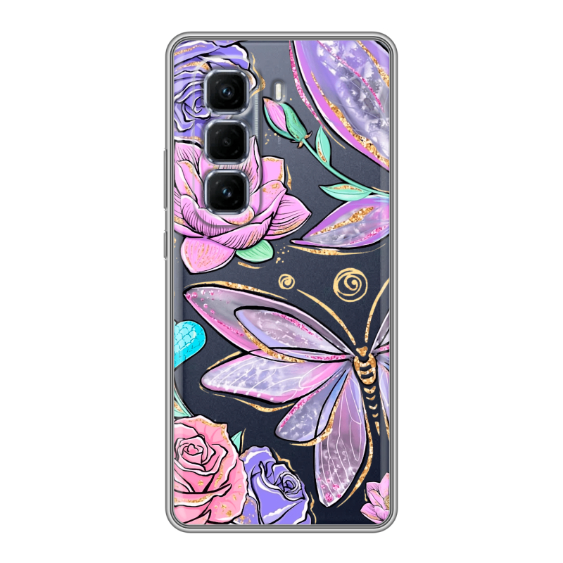 Силиконовый чехол на Infinix Hot 50 Pro Plus с принтом Бабочки и цветы Силиконовый чехол на Infinix Hot 50 Pro Plus с принтом Бабочки и цветы